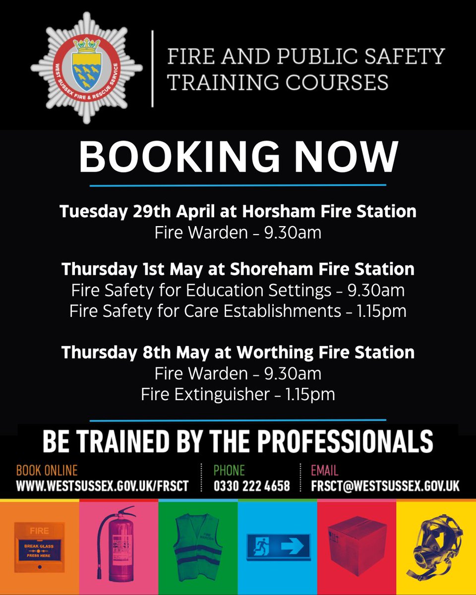 WSFRSTraining's tweet photo. We are now taking bookings for April &amp; May Fire Safety Training courses.

Secure your place TODAY.

https://t.co/T1G6rCDHHZ

#betrainedbytheprofessionals #firesafetytraining #ProtectYourBusiness #WorkplaceSafety #trainingsaveslives #westsussexbusinesses #westsussexschools https://t.co/UxTPgP1OZB
