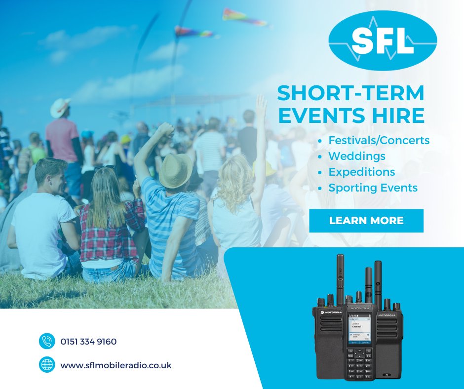 With outdoor events ahead, now’s the time to plan. We offer short-term radio hire for seamless communication at festivals, weddings, expeditions &amp; more.

Learn more: sflmobileradio.co.uk/radio-hire/

#EventPlanning #Summer #Festival #TwoWayRadio #ShortTermHire #WalkieTalkies