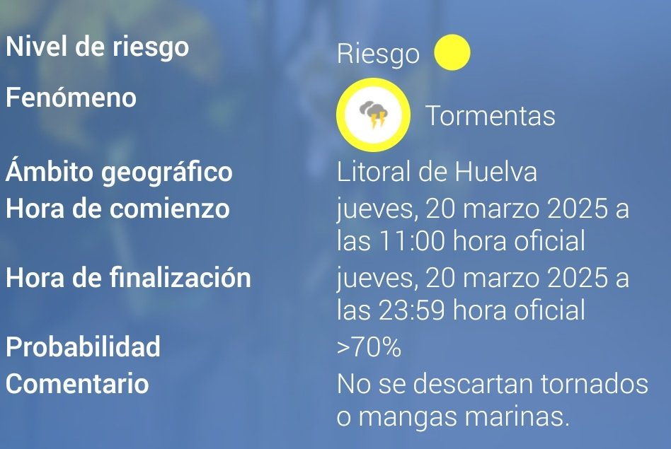 Meteohuelva's tweet photo. Atención, que Aemet ha actualizado los avisos meteorológicos y ha añadido al aviso de tormentas del litoral de Huelva la posibilidad de tornados o mangas marinas.

Lo destacado del aviso es que la probabilidad supera el 70% y un porcentaje tan alto no es habitual. https://t.co/h9NkTUZxo3