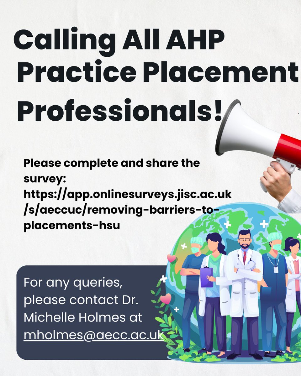 BAPO (@bapo2) on Twitter photo Calling All AHP Practice Placement Professionals!
Have you been involved in AHP placement delivery within the past 5 years?
Please complete and share the survey: app.onlinesurveys.jisc.ac.uk/s/aeccuc/remov…
For any queries, please contact Dr. Michelle Holmes at mholmes@aecc.ac.uk Calling All AHP Practice Placement Professionals!
Have you been involved in AHP placement delivery within the past 5 years?
Please complete and share the survey: app.onlinesurveys.jisc.ac.uk/s/aeccuc/remov…
For any queries, please contact Dr. Michelle Holmes at mholmes@aecc.ac.uk