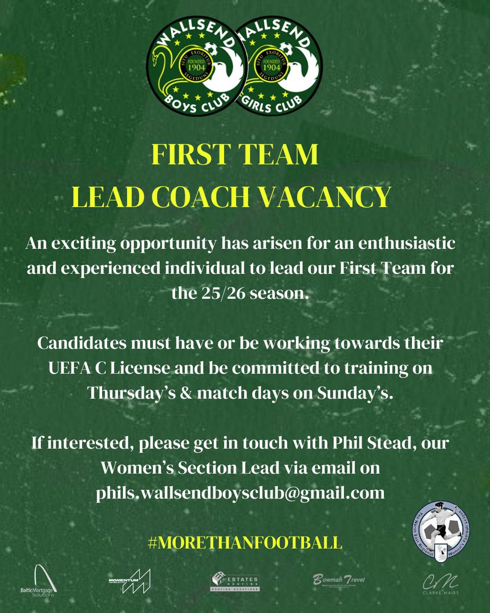 Wallsend BC Women (@wallsendbcwomen) on Twitter photo An exciting opportunity has arisen for an enthusiastic and experienced individual to lead our First Team for the 25/26 season.
If interested, please get in touch with Phil Stead, our Womenโs Section Lead via email on phils.wallsendboysclub@gmail.com
โฝ๏ธ๐๐
#MoreThanFootball An exciting opportunity has arisen for an enthusiastic and experienced individual to lead our First Team for the 25/26 season.
If interested, please get in touch with Phil Stead, our Womenโs Section Lead via email on phils.wallsendboysclub@gmail.com
โฝ๏ธ๐๐
#MoreThanFootball
