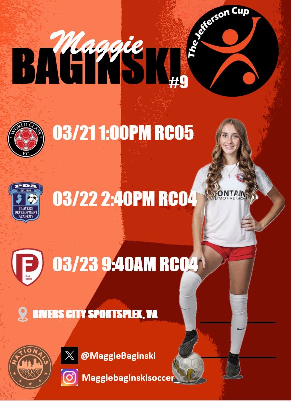 Maggie Baginski (2027) Midfield ⚽️ (@maggiebaginski) on Twitter photo Looking forward to the ladies weekend <a href="/jeffersoncup/">Jefferson Cup</a> . We’ve got some serious competition planned 👇🏼 #jeffcup25
<a href="/NationalsGA/">Nationals Girls Academy</a> <a href="/USYouthSoccer/">US Youth Soccer</a> <a href="/TopDrawerSoccer/">TopDrawerSoccer</a> <a href="/PrepSoccer/">Prep Soccer ⚽️</a> <a href="/ImYouthSoccer/">ECNL/GA/Recruiting/College Soccer</a> <a href="/wearesoccershow/">We Are Soccer ⚽️</a>
<a href="/ImCollegeSoccer/">College Soccer Truth ™</a> <a href="/wearesoccer_mi/">We Are Soccer Michigan</a> <a href="/TheSoccerWire/">SoccerWire</a> Looking forward to the ladies weekend <a href="/jeffersoncup/">Jefferson Cup</a> . We’ve got some serious competition planned 👇🏼 #jeffcup25
<a href="/NationalsGA/">Nationals Girls Academy</a> <a href="/USYouthSoccer/">US Youth Soccer</a> <a href="/TopDrawerSoccer/">TopDrawerSoccer</a> <a href="/PrepSoccer/">Prep Soccer ⚽️</a> <a href="/ImYouthSoccer/">ECNL/GA/Recruiting/College Soccer</a> <a href="/wearesoccershow/">We Are Soccer ⚽️</a>
<a href="/ImCollegeSoccer/">College Soccer Truth ™</a> <a href="/wearesoccer_mi/">We Are Soccer Michigan</a> <a href="/TheSoccerWire/">SoccerWire</a>