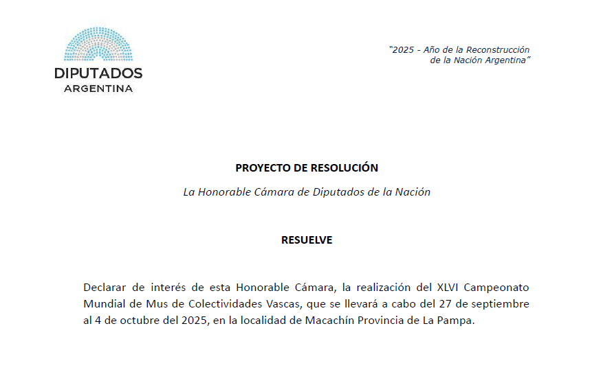 catoardohain's tweet photo. 🖊️Presenté un proyecto pidiendo se declare de interés la edición XLVI del Campeonato Mundial de Mus de Colectividades Vascas, a realizarse del  27/9 al 4/10, en Macachín (La Pampa) organizado por la Asociación Baska Euzko Alkartasuna local. https://t.co/ewWpng9GZV