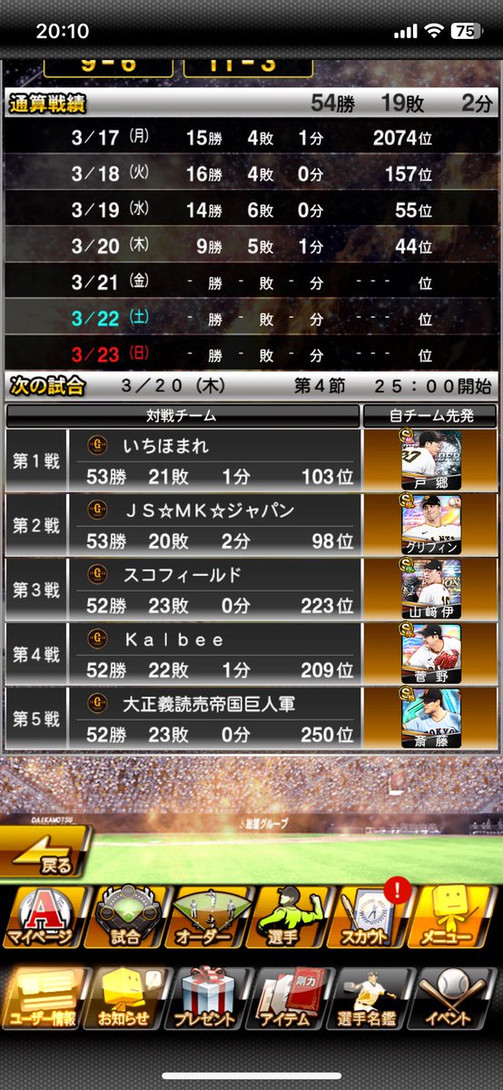 今回は巨人で参加してます。
パワー型足りません。
称号微妙です。
特能やってません。
500位入れればまあ巨人ならいいかなって感じですかね😅

ここまでよくやってます🤩

#プロスピA
#最強決定戦
