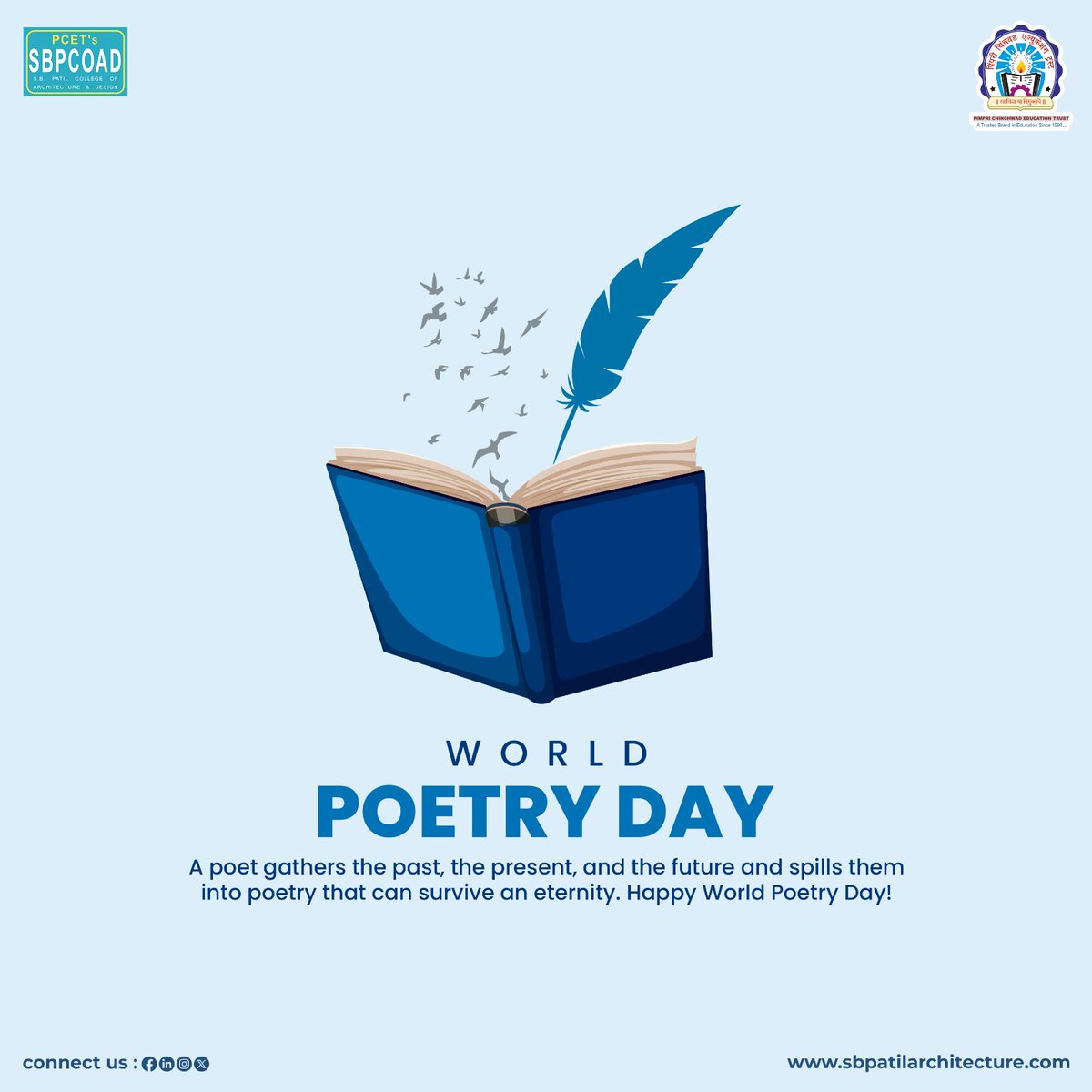 SBPCOAD's tweet photo. 📚✒️Poetry is the magic of words, a beautiful way to express feelings!
Happy World Poetry Day to all the poets who enrich the world of human beings..!

#PCET #SBPCOAD #HappyWorldPoetryDay #WorldPoetryDay #PoetryLovers #CelebratePoetry #PoetryCommunity #PoetryWriting #PoeticMind https://t.co/6UQy0RxKPM
