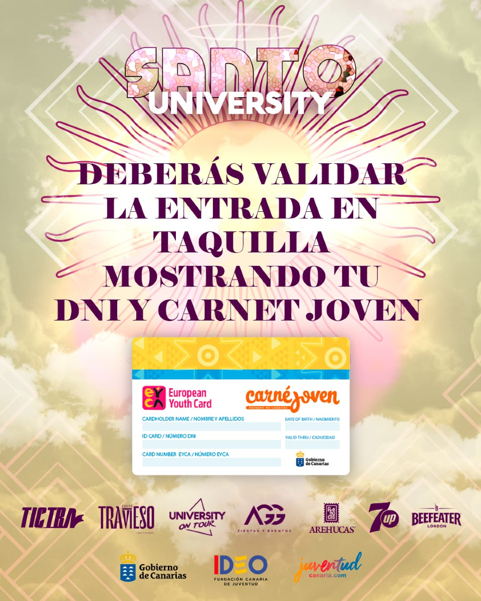 Descuento 20% con <a href="/CarneJovenCan/">Carné Joven Europeo en Canarias</a> "UNIVERSITY SANTO 2025"
19 de abril de 2025 - Oasis Gran Canaria

Entradas tomaticket.es/es-es/entradas…
Carné Joven  desinquietos.com/detalleBenefic…
