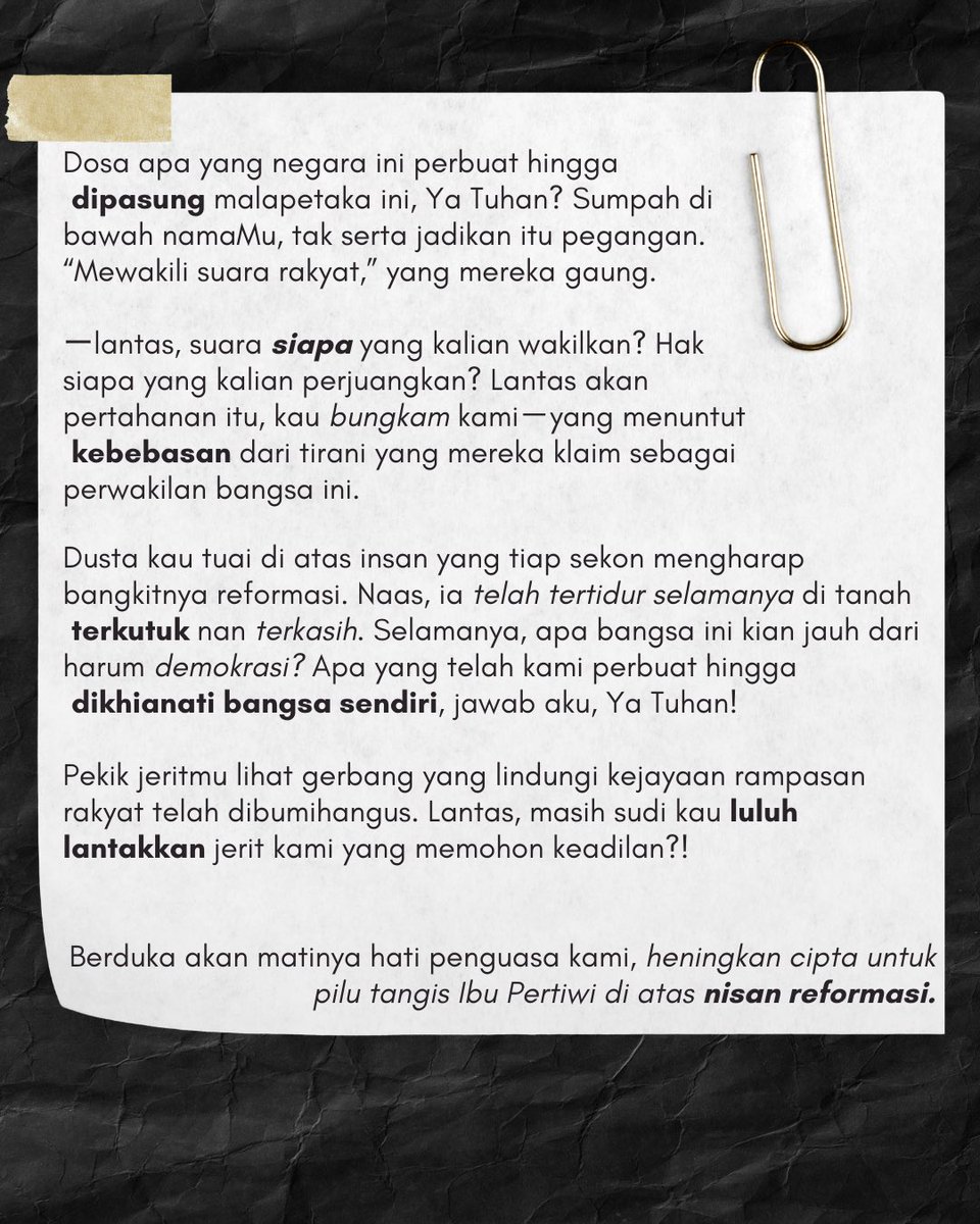 Kita kalah, tapi belum mati.

#TolakRevisiUUTNI 
#TolakRUUTNI
#PeringatanDarurat 
#IndonesiaGelap