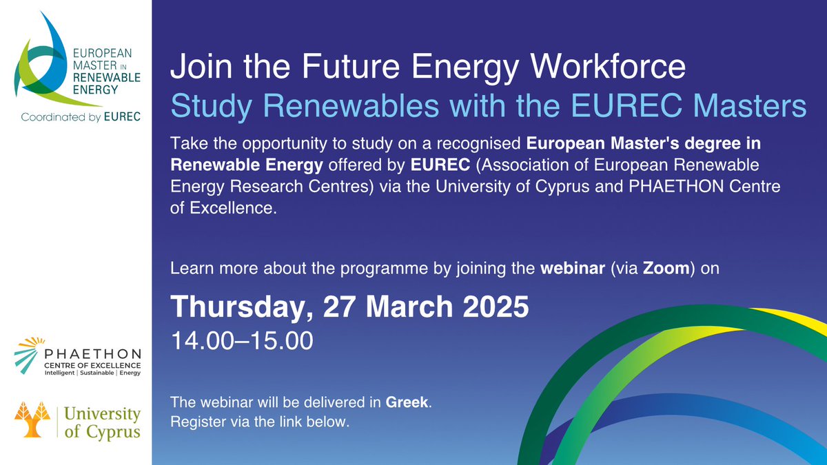 UCYOfficial's tweet image. 🔆 Join the future of energy! Study renewables with the EUREC Masters
UCY now offers the PV specialisation semester!
@PHAETHONCoE @EUREC_Info
(webinar) Learn more & register: bit.ly/4inbGJk #EURECMasters