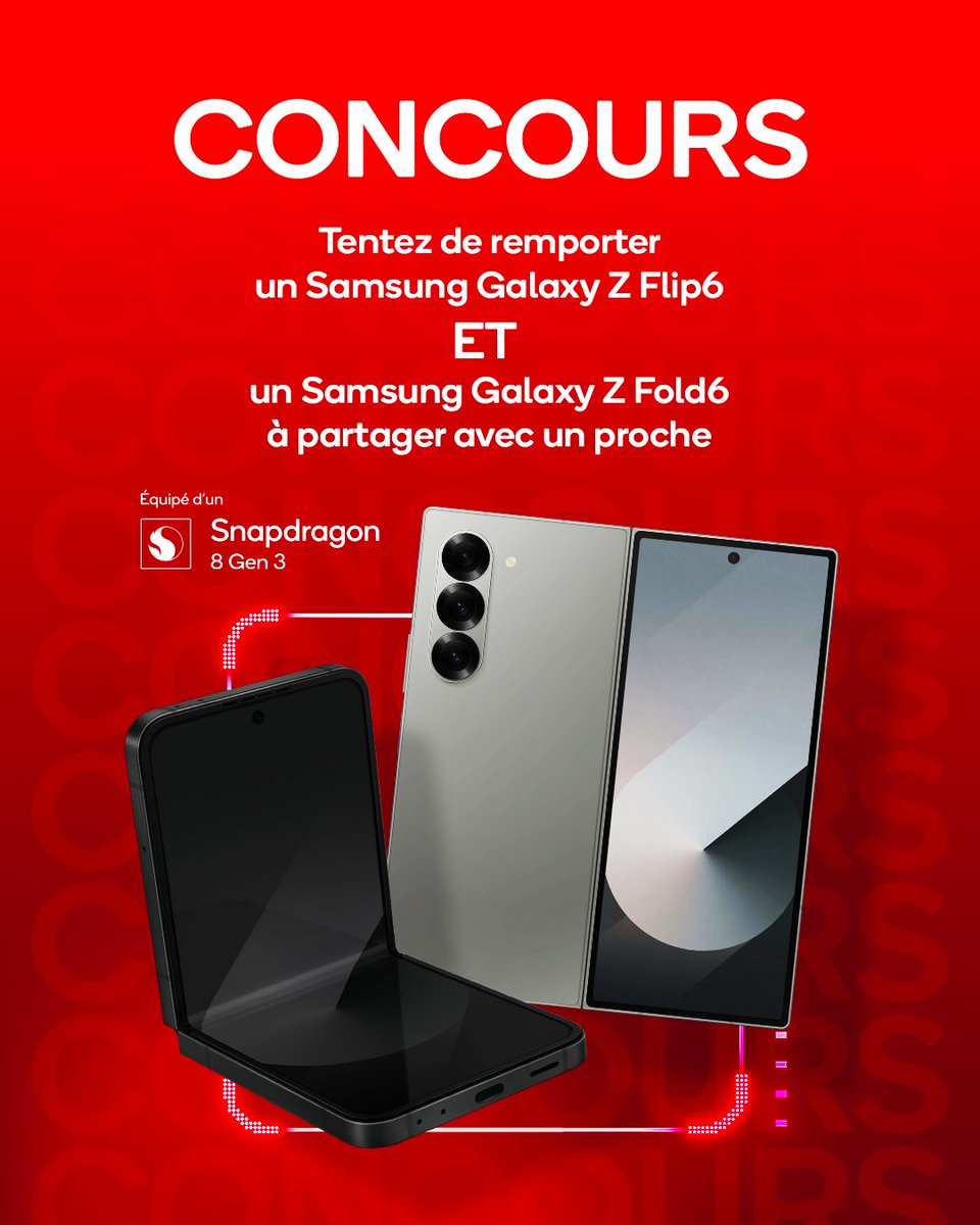 🚀 Tentez de gagner un téléphone aussi unique que vous – et un 2ème pour l’un de vos proches 👇
📱 Samsung Galaxy Z Flip6
📱 Samsung Galaxy Z Fold6

Pour participer : 
✅ Abonnez-vous à <a href="/Snapdragon_FR/">Snapdragon FR</a>
💬 Dites-nous comment ces téléphones amélioreraient votre quotidien
❤️ Taguez