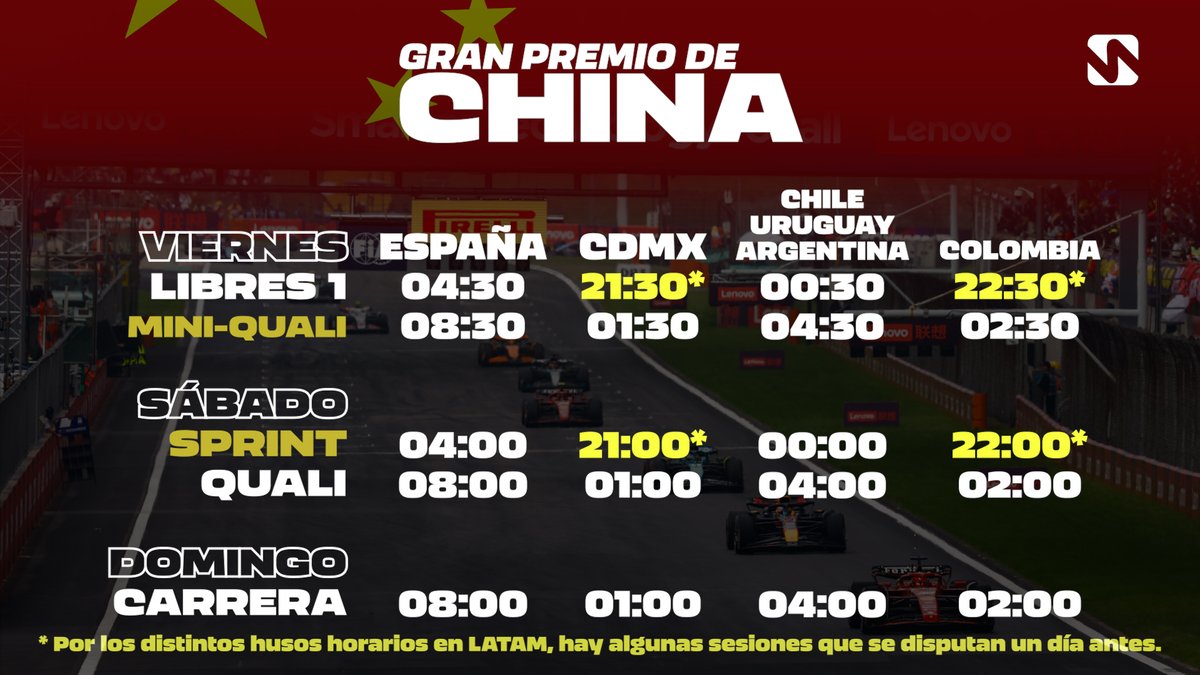 🏁 H O R A R I O S 🏁

Segunda ronda del calendario: la Fórmula 1 visita este fin de semana el Gran Premio de China 🇨🇳.

⚠️ Fin de semana F1 Sprint, ojo con algunos horarios.

Comparte los horarios, salva una vida.