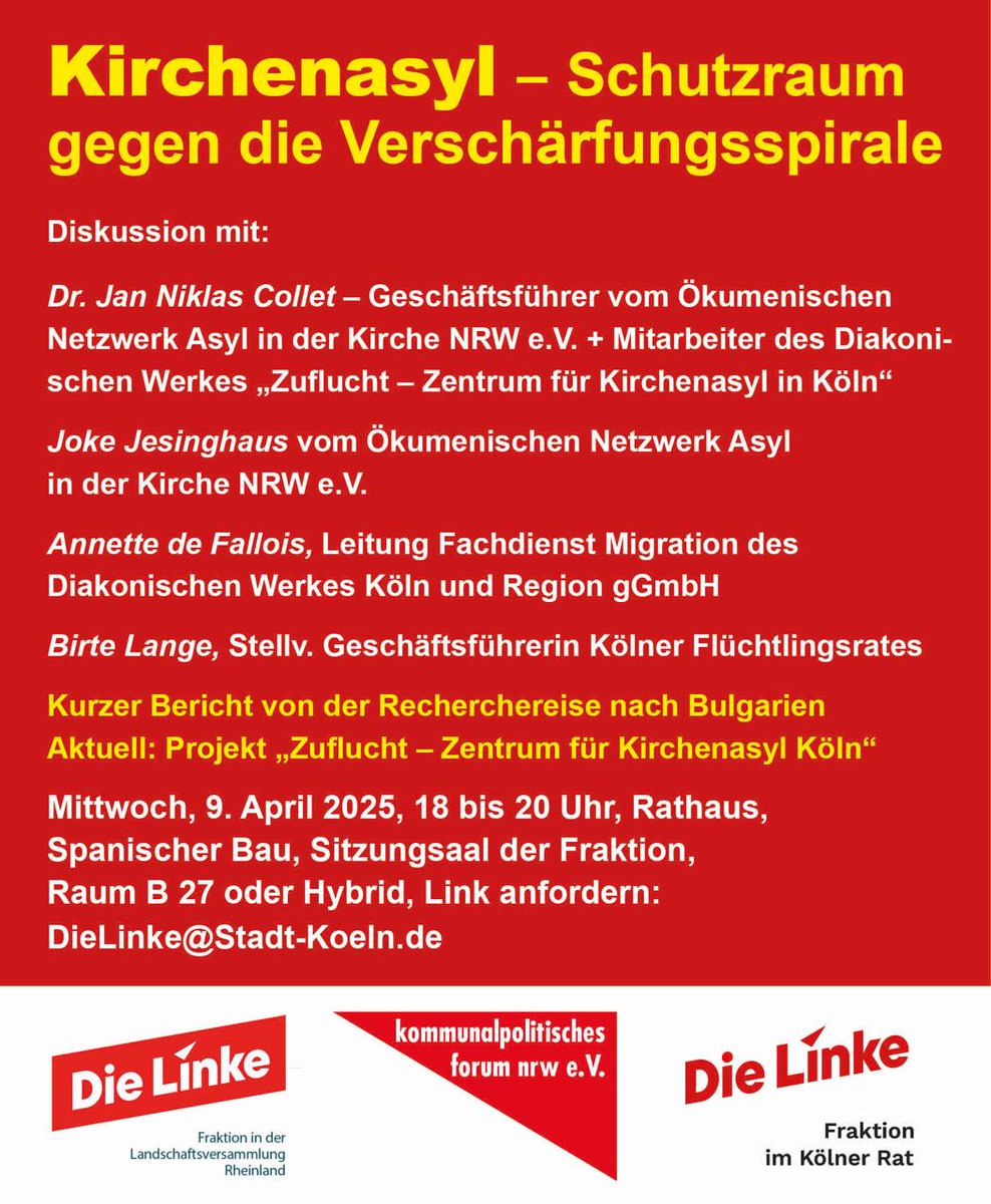 Die Linke Köln lädt ein zu einer Veranstaltung mit Diakonie #Köln und uns zum #Kirchenasyl in Köln.
Ihr könnt auch online teilnehmen. 

#kirchenasylschützen #kirchenasylisteinehaltung #refugeeswelcome #kölnkultur