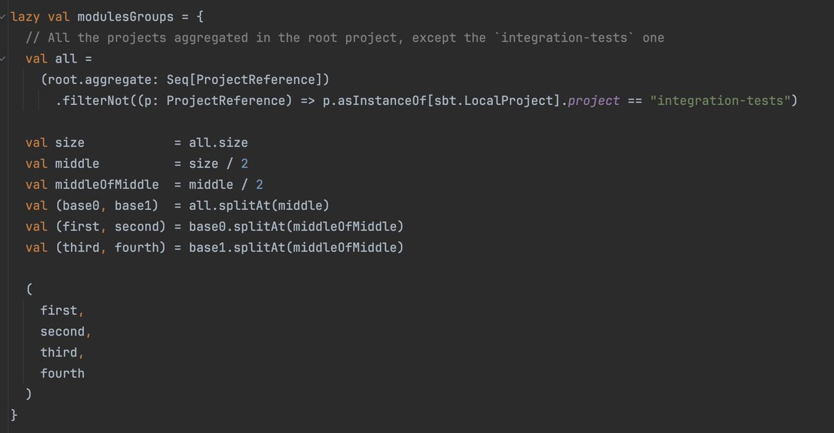 guizmaii's tweet image. This is how you divide your CI time by `n` (here 4) with some sbt magic 🔥🚀
🙂