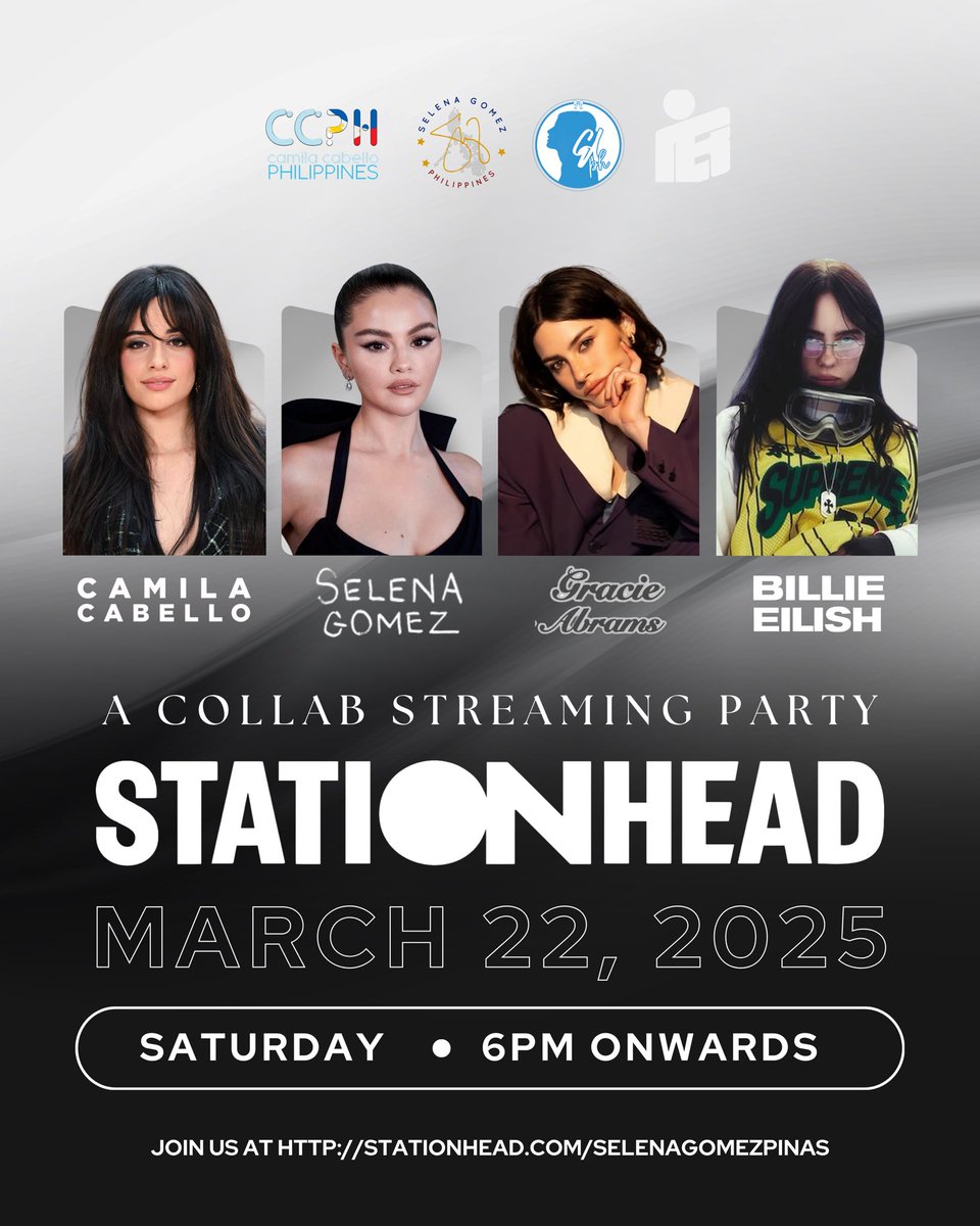 𝑷𝑶𝑷 𝑮𝑰𝑹𝑳𝑰𝑬𝑺 𝑼𝑵𝑰𝑻𝑬! ✨

Join us along with <a href="/GraciePHTeam/">Gracie Abrams Philippines</a>, <a href="/CCabelloPhil/">Camila Cabello Philippines</a> and <a href="/BillieEilishPH/">Billie Eilish Philippines</a> for a night of streaming our faves back-to-back! Let’s come together, celebrate their music, and make this listening party one to remember.

🔗 stationhead.com/selenagomezpin…