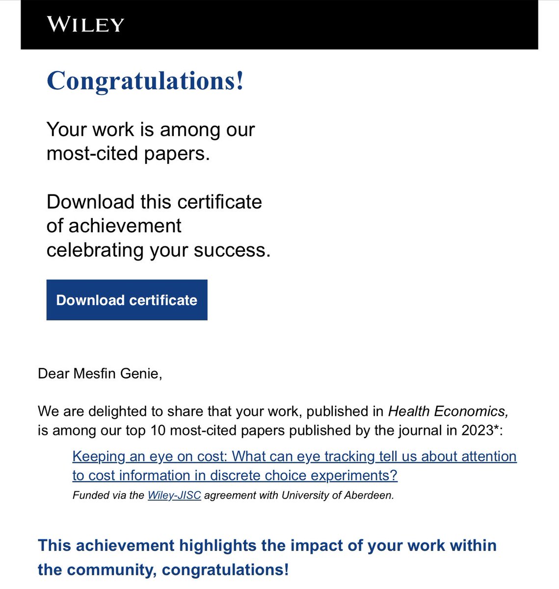 mesfin_genie's tweet image. Our paper in Health Economics has been recognised as Wiley Top Cited Article for 2023! This research uses eye-tracking technology to investigate how people process information in healthcare. 

Read the full paper: doi.org/10.1002/hec.46… 
#EyeTracking #ChoiceModelling #TopCited