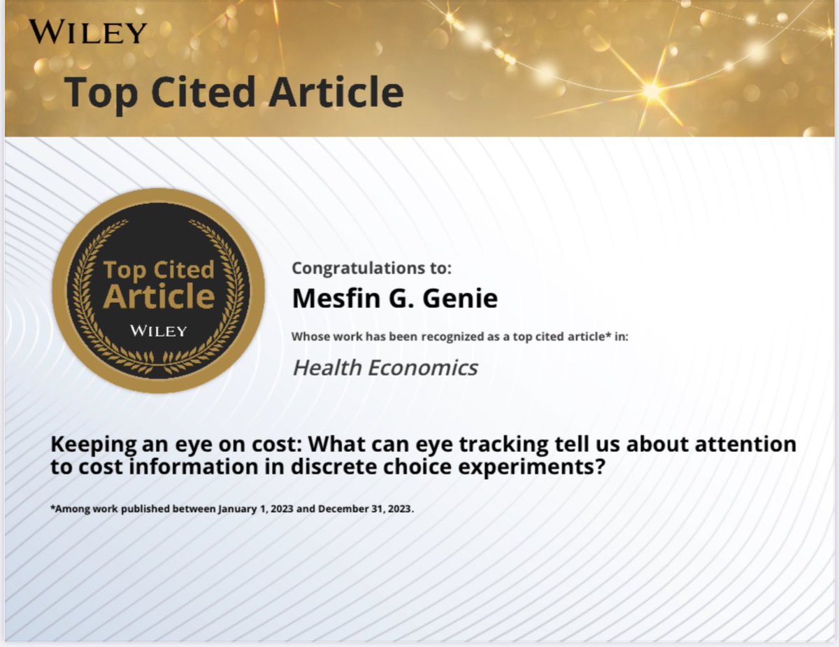 mesfin_genie's tweet image. Our paper in Health Economics has been recognised as Wiley Top Cited Article for 2023! This research uses eye-tracking technology to investigate how people process information in healthcare. 

Read the full paper: doi.org/10.1002/hec.46… 
#EyeTracking #ChoiceModelling #TopCited
