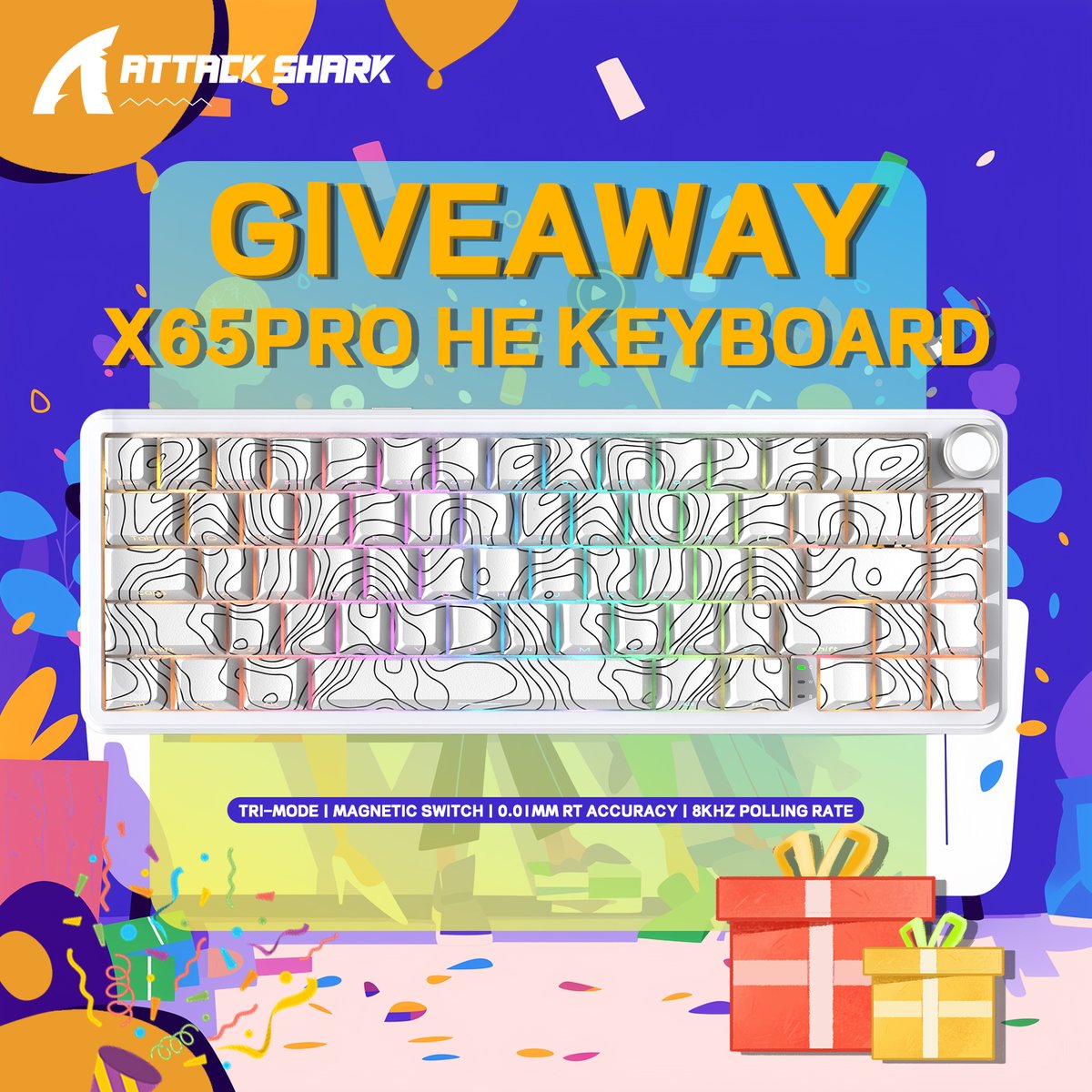 🎊GIVEAWAY 🎊 
Now’s your chance to win the brand new ATTACK SHARK X65PRO HE keyboard for yourself.🎉

 🎁PRIZE:
1 Lucky Winner will be randomly selected, ATTACK SHARK X65PRO HE KEYBOARD (White)

‍💗To enter：
1️⃣Follow <a href="/ATTACKSHARKGEAR/">ATTACK SHARK</a> 
2️⃣Like ❤️&amp; Retweet🔄
 3⃣ Tag a friend