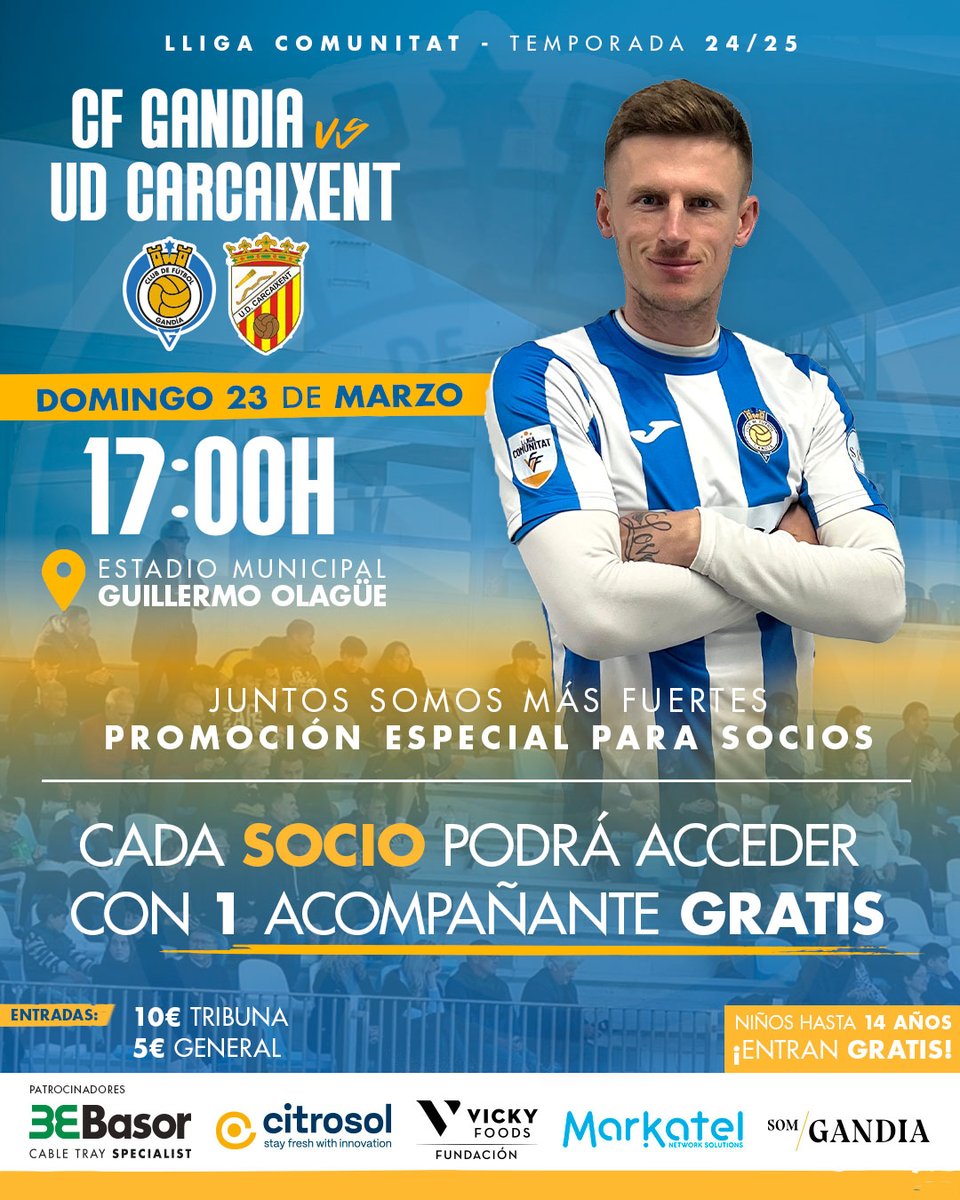 CF_Gandia's tweet photo. 📌Este domingo en el Olagüe volvemos a jugar JUNTOS💙

Es una FINAL y solo nos valen los 3 puntos. Por eso, cada socio entra con 1 acompañante gratis.

⚔️ #GandiaCarcaixent
🏟️ Guillermo Olagüe 
🗓️ Domingo, 23/03
⏰ 17:00h

Necesitamos vuestra energía más que nunca.⌛🙌🏻 https://t.co/AFO62PImNj