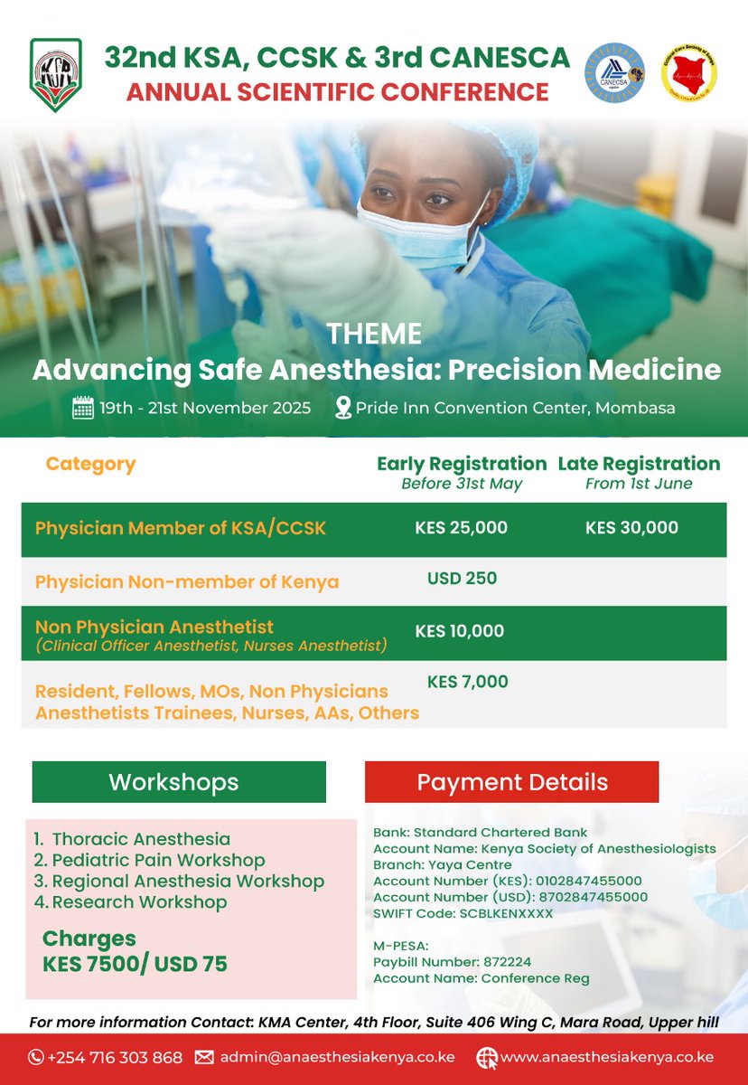 KSA_AnaesthesiaKenya (@anaesthesia_ke) on Twitter photo Join us at the 32nd KSA & 3rd CANECSA Annual Scientific Conference!
Theme: Advancing Safe Anaesthesia: Precision Medicine
š¢: Pride Inn Convention Center, Shanzu,Mombasa
š
: 19th-21st November 2025
Registration is on! conference.anaesthesiakenya.co.ke/registration/
#KSAConference2025 #Anaesthesia Join us at the 32nd KSA & 3rd CANECSA Annual Scientific Conference!
Theme: Advancing Safe Anaesthesia: Precision Medicine
š¢: Pride Inn Convention Center, Shanzu,Mombasa
š
: 19th-21st November 2025
Registration is on! conference.anaesthesiakenya.co.ke/registration/
#KSAConference2025 #Anaesthesia