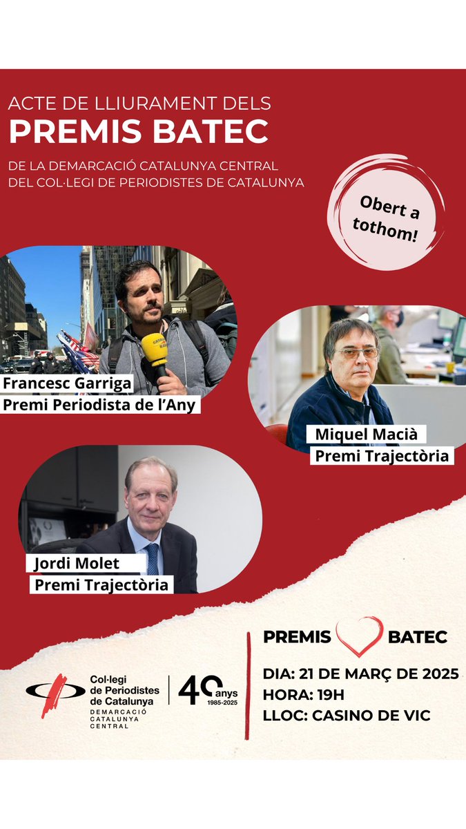 ♥️El Casino de #Vic es vesteix de gala aquest divendres per acollir el lliurament dels Premis Batec de la demarcació Catalunya Central de <a href="/periodistes_cat/">Col·legi de Periodistes de Catalunya</a> 

👉L'acte és obert a tothom. Hi esteu tots convidats! 

🗒️Divendres 21 de març
🕖19h
📍Casino