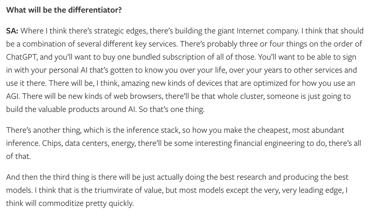 sunyanlee's tweet photo. @stratechery Amazing. Sam openly 1) admitting the core value is the brand/userbase and 2) calling AI models a commodity https://t.co/4r9W7KyfcF