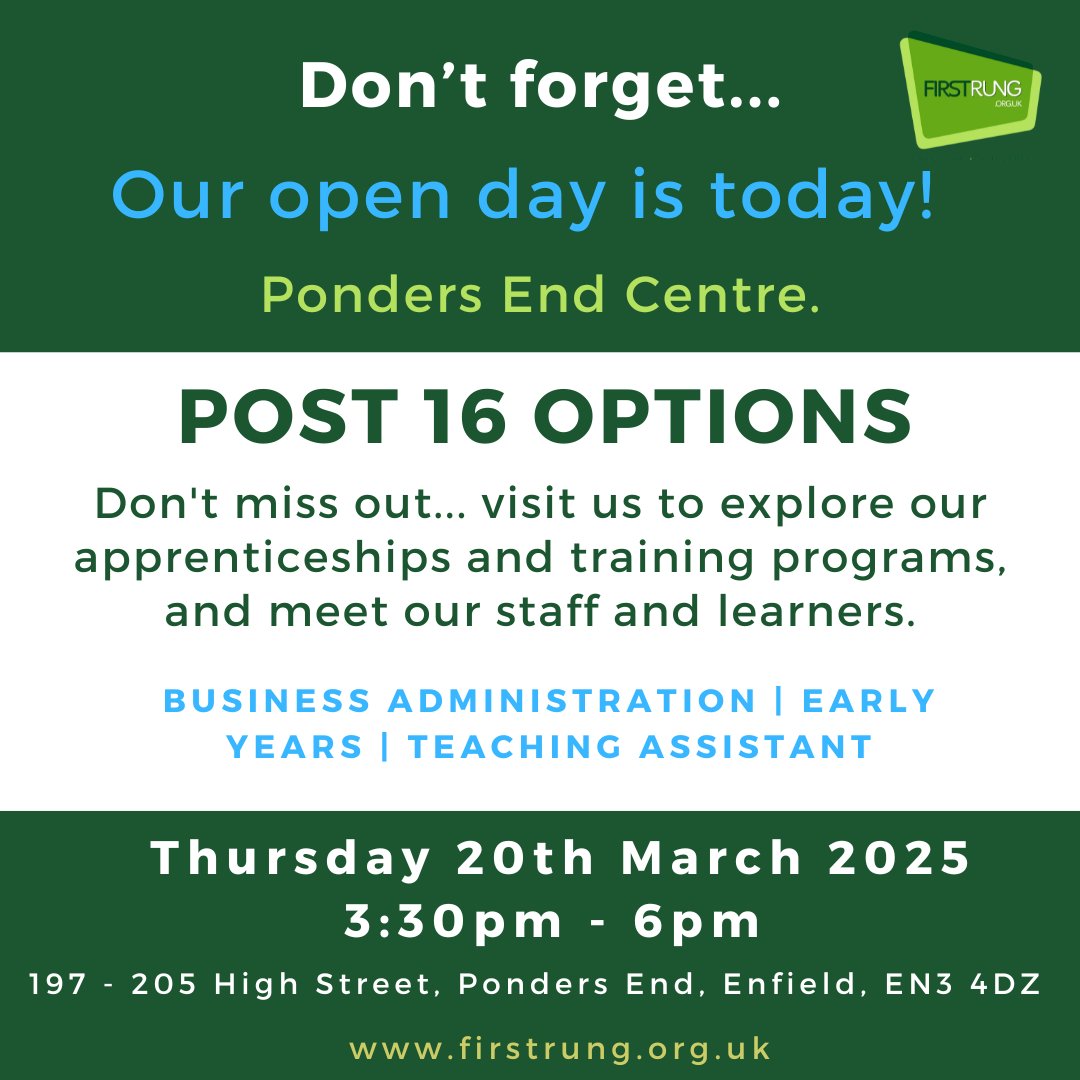 📢 Our Open Day is TODAY! 🎉 

📍 Ponders End Centre
📅 Thursday 20th March 2025
⏰ 3:30 PM - 6:00 PM

Explore Post-16 options in:
✅ Business Administration
✅ Early Years
✅ Teaching Assistant

Meet our team &amp; learners! Don’t miss out!

#OpenDay #Apprenticeships #Post16