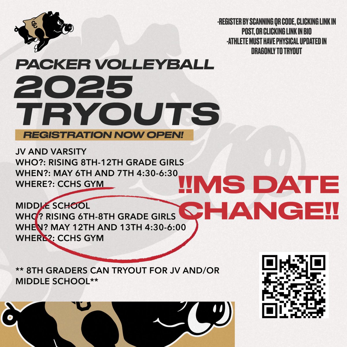 There has been a change in our dates and time for the Middle School Volleyball Tryouts!! JV and Varsity tryouts remain the same.
