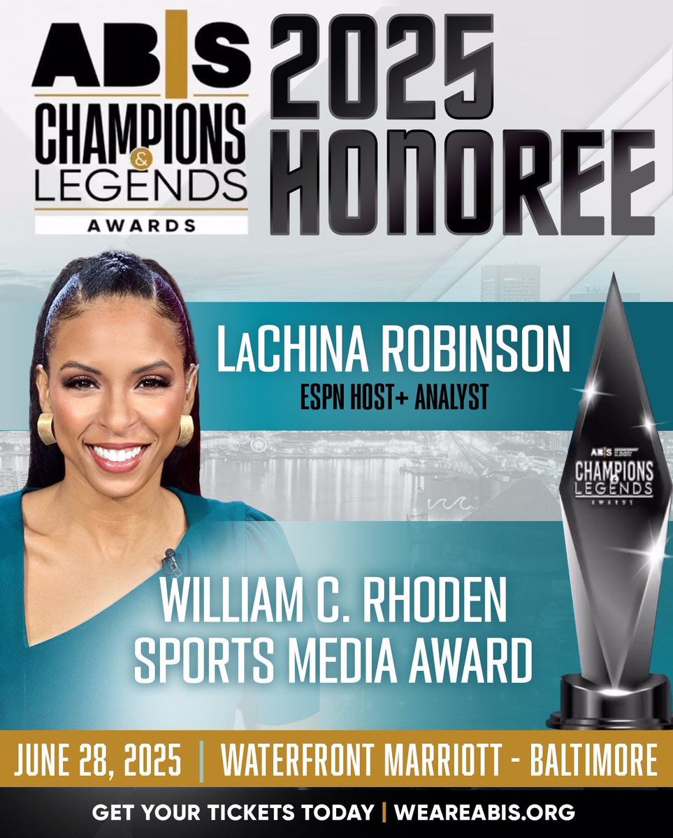 📣 #WEAREABIS Gala Award Announcement! ESPN Analyst LaChina Robinson is set to receive the ABIS William C. Rhoden Sports Media Award at the ABIS Gala! This prestigious honor recognizes trailblazers in sports media who have made a significant impact.  #Trailblazer #SportsMedia