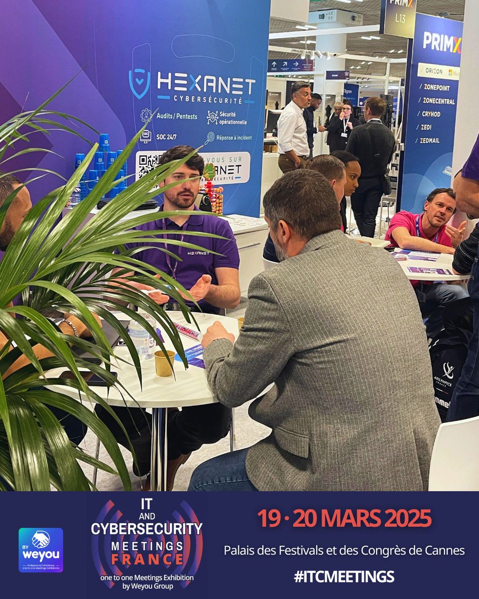 ⏳ Dernières heures au salon #ITCMeetings ! Rejoignez-nous au <a href="/CannesPalais/">Palais des Festivals</a> jusqu'à 18h30. Business, networking et cybersécurité en pleine effervescence !
🏷 Votre badge d'accès gratuit → lnkd.in/eGPSg3eW

#salonbtob #Cybersecurite #Cloud #Networking #Reseaux