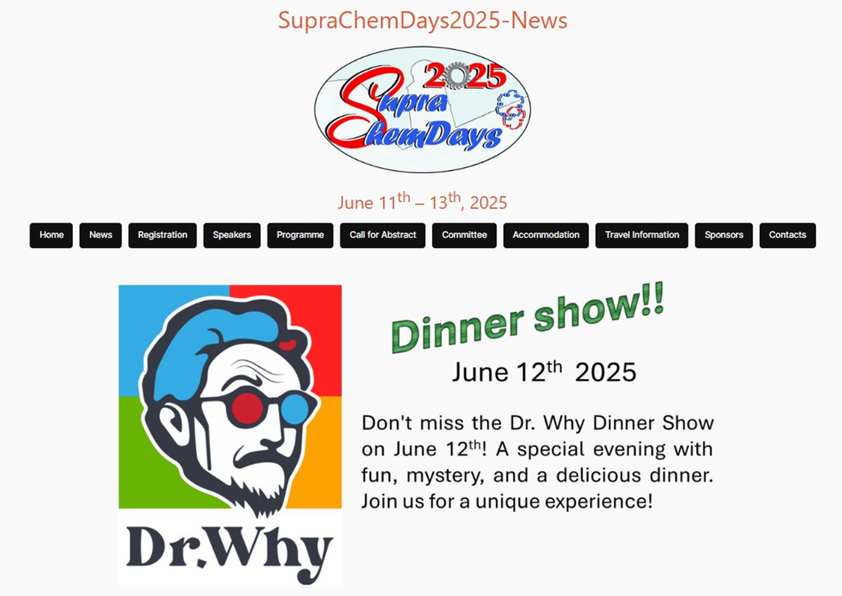SupraChemDays25's tweet image. 🔍✨Mystery, fun & surprises! ✨🔍
Join us for a special dinner with Dr.Why on June 12th! 🎭🍽️
📢 Abstract submission deadline March 25th – don’t miss out!
🔗 Info & registration:
Event: suprachemunisa.com/suprachemdays2…
Register: suprachemunisa.com/suprachemdays2…
#Science #MysteryDinner #DrWhy