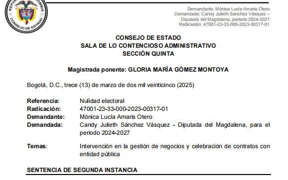 🚨Consejo de Estado niega nulidad de diputada del Magdalena. La Sección Quinta revocó fallo de instancia, comoquiera que la elegida no infringió el numeral 5 del artículo 49 de la Ley 2200 de 2022.