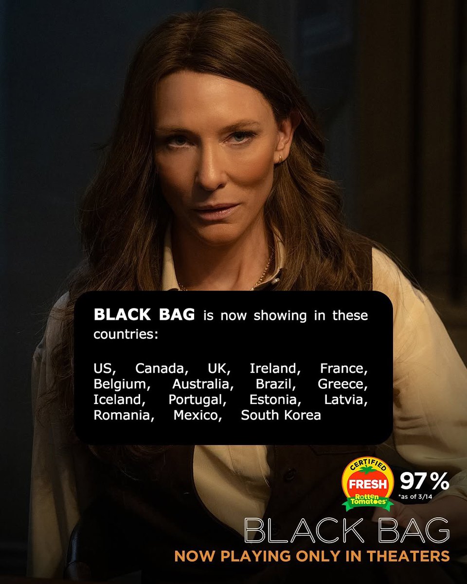 blanchettcom's tweet image. Countries where BLACK BAG (2025) has been and will be released.

#CateBlanchett #MichaelFassbender #StevenSoderbergh 
→cate-blanchett.com/2025/03/20/new…