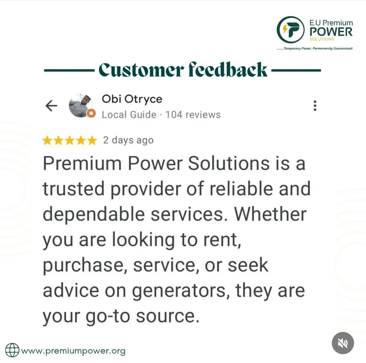 ppsolutions_'s tweet image. When your customer uses the adjectives &quot;trusted&quot;, &quot;reliable&quot; and &quot;dependable&quot;, you know you are doing something right 👍 

To book a generator , call us on 08099700004 or 09160205000 to secure your booking.

#premiumpower #generatorrentalsinlagos 
#generatorforrent #eventvendors