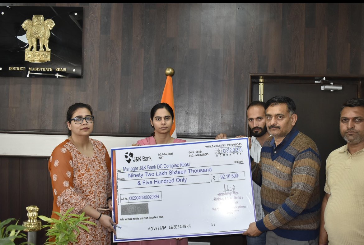 DC Reasi, Nidhi Malik today released financial assistance of Rs. 92,16,500 in favor of the wards of registered construction workers.

The financial assistance has been provided under the Building and Other Construction Workers Welfare Board schemes.

<a href="/DMReasi/">Deputy Commissioner Reasi</a> <a href="/diprjk/">Information & PR, J&K</a>