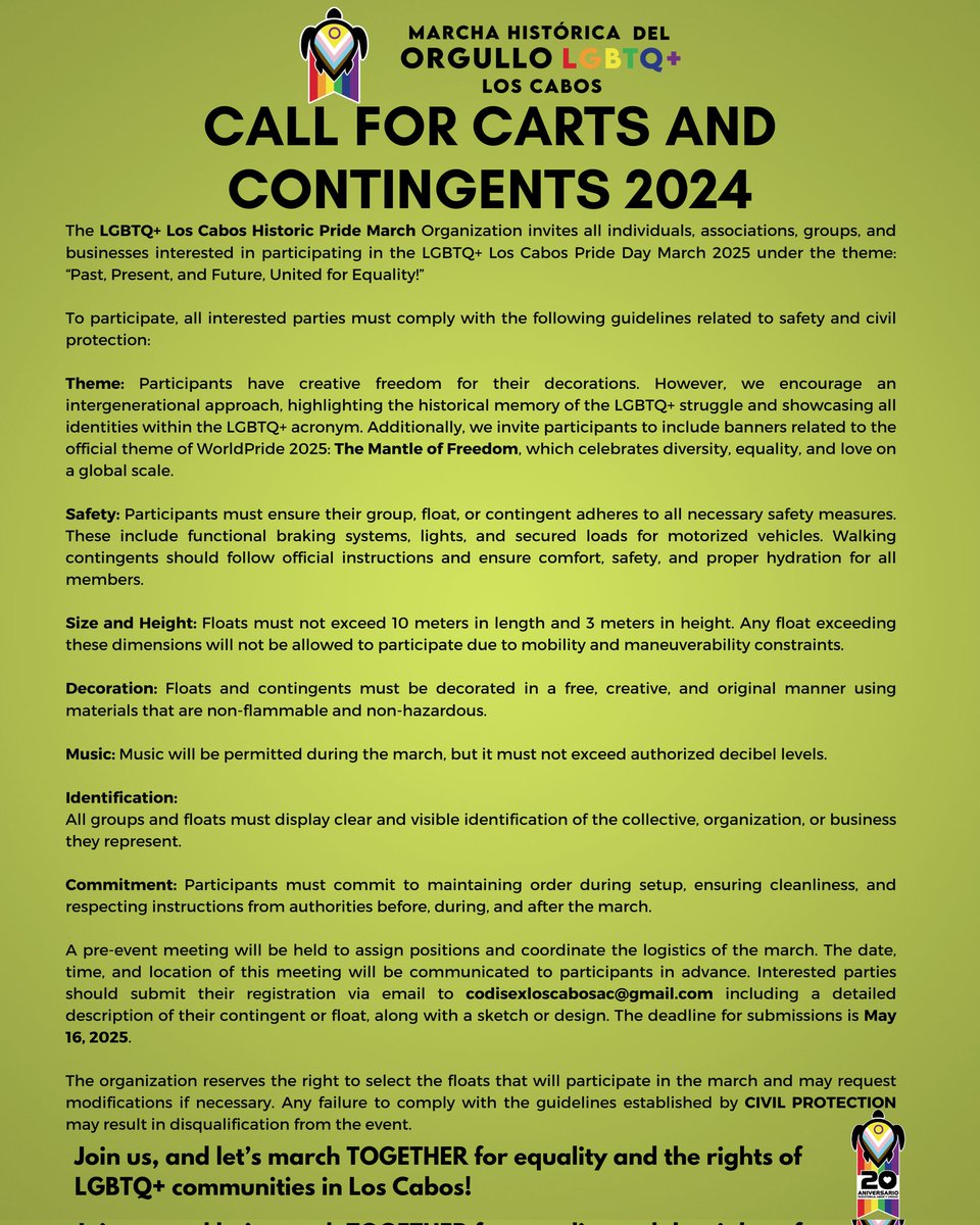 CODISEXLCAC's tweet image. 🌈🚗🎉 ¡Atención a todas las personas, asociaciones, grupos y empresas interesadas! 📣🎊 La organización de La Marcha Histórica del Orgullo LGBTQ+ Los Cabos 2025 convoca a todos a unirse bajo el lema

Más info: 👉🏽
facebook.com/share/18oXpcCn…