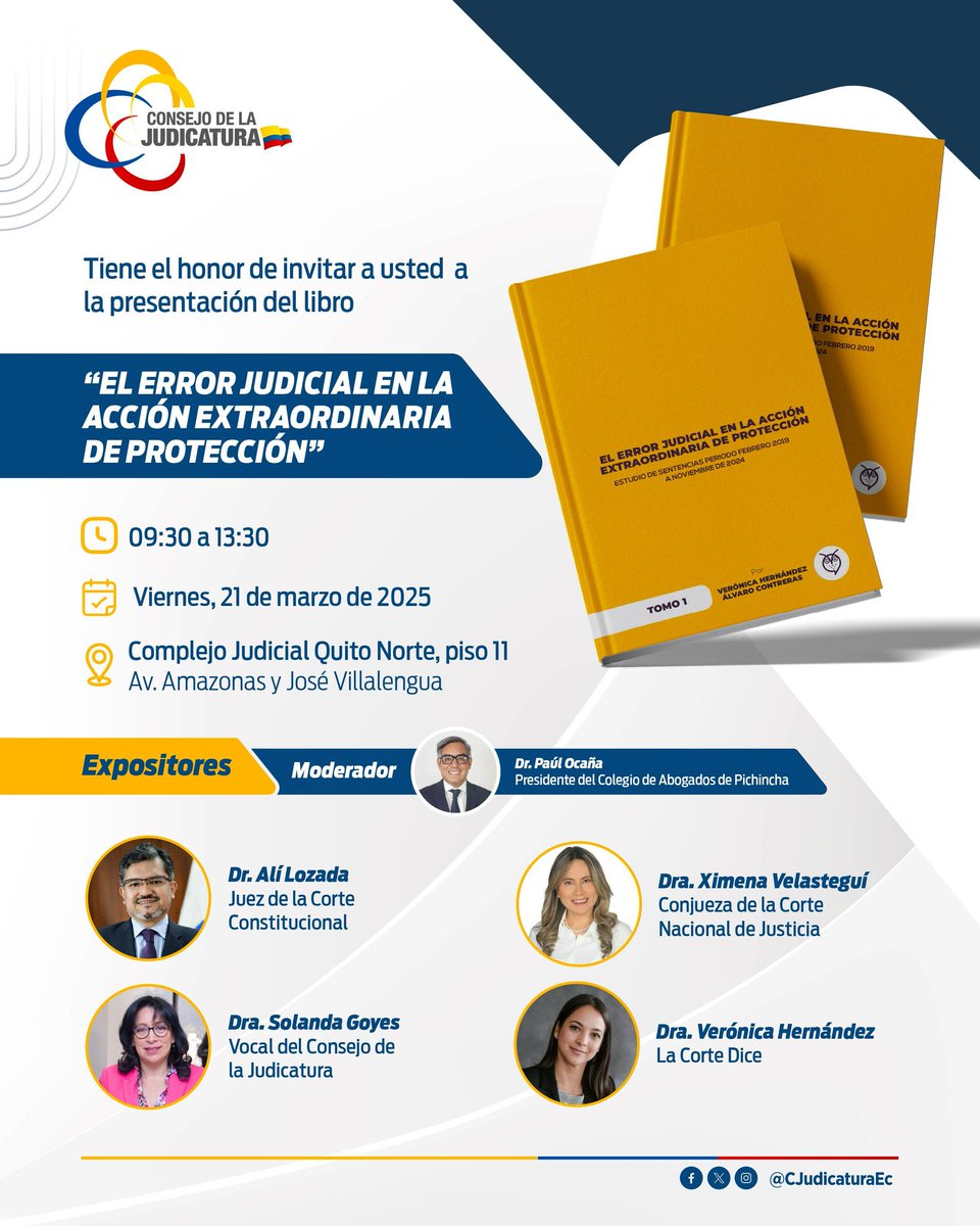 📢 ¡El evento al que todo jurista debe asistir!

🔎 "EL ERROR JUDICIAL EN LA ACCIÓN EXTRAORDINARIA DE PROTECCIÓN"

Este libro, compuesto por tres tomos, recopila 758 sentencias de la Corte Constitucional entre febrero de 2019 y noviembre de 2024. 

El evento será un análisis