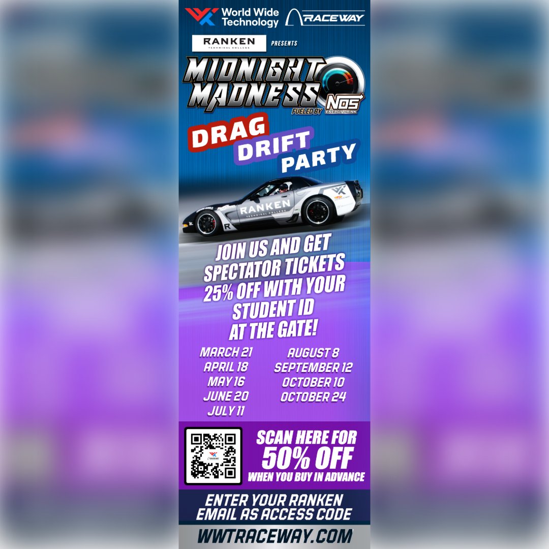 rankentech's tweet image. Join us tomorrow night at WWT Raceway for Midnight Madness! Students get 25% off at the gate. More information available at, wwtraceway.com . Learn more about Ranken's Automotive programs, ranken.edu/divisions/auto…
#wwtraceway #drifting #racing #midnightmadness