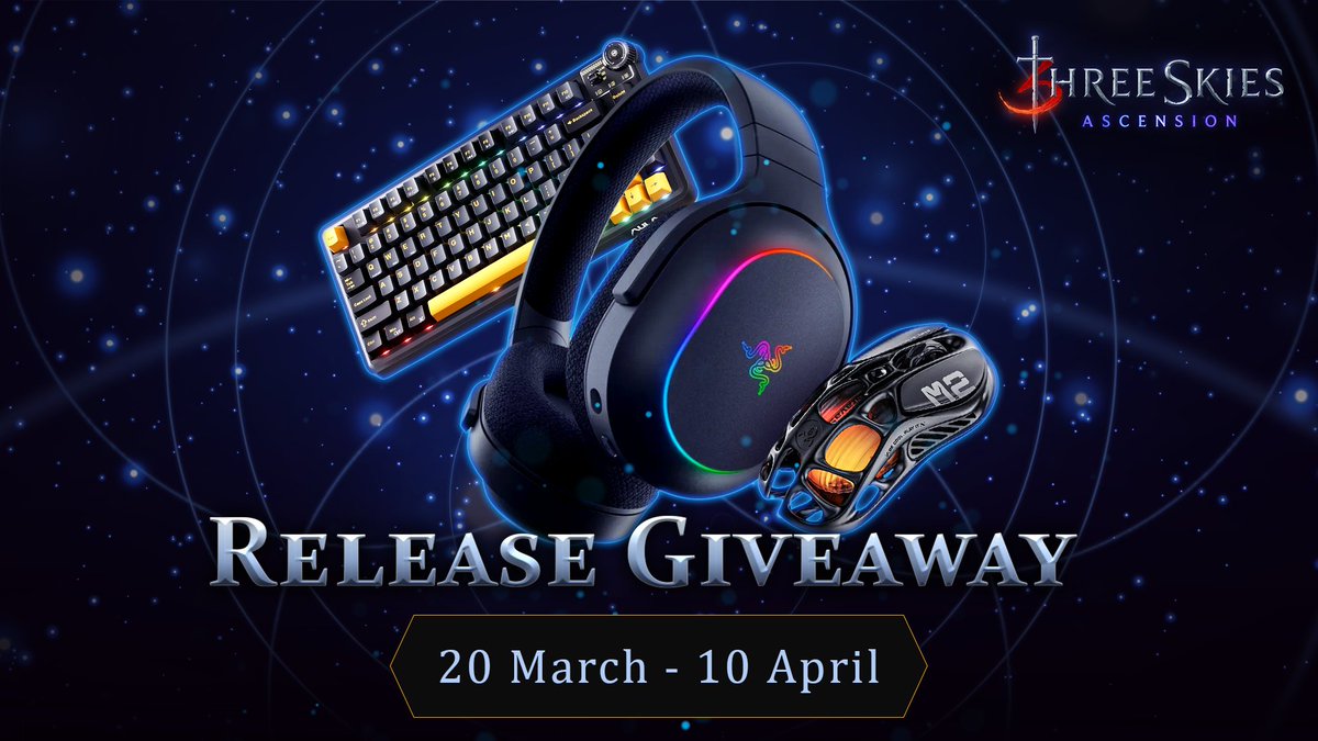 To celebrate #ThreeSkiesAscension being released on the 3rd of April, we wanted to give something back to the community that supports us. 

To participate in this Giveaway:

👉 Click the link: gleam.io/EEOWq/three-sk…
⚔️ Follow <a href="/PlayThreeSkies/">Three Skies Ascension</a> 
🥰 Like and Retweet  

🚨Ends APRIL
