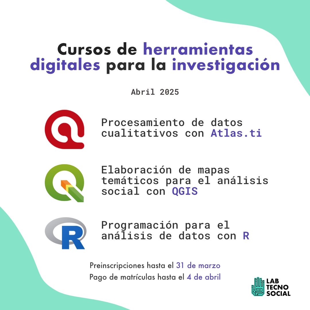 Si quieres potenciar tu trabajo con tecnologías digitales, ¡estos cursos son para ti!

Más información:
📊Curso de R: bit.ly/curso-r-425 
🗺️Curso de QGIS: bit.ly/curso-qgis-425 
📑Curso de Atlas.ti: bit.ly/curso-atlasti-…

📌 Preinscripciones: forms.gle/cKQ8Q5FyLBsD2E…