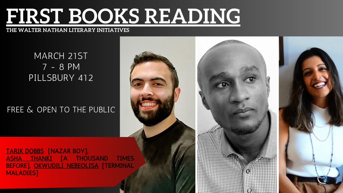 Stop by tomorrow to hear from MFA alums Tarik Dobbs &amp; Asha Thanki, and current MFA poet Okwudili Nebeolisa. Event starts at 7 PM CST!

Learn more here: cla.umn.edu/english/news-e…