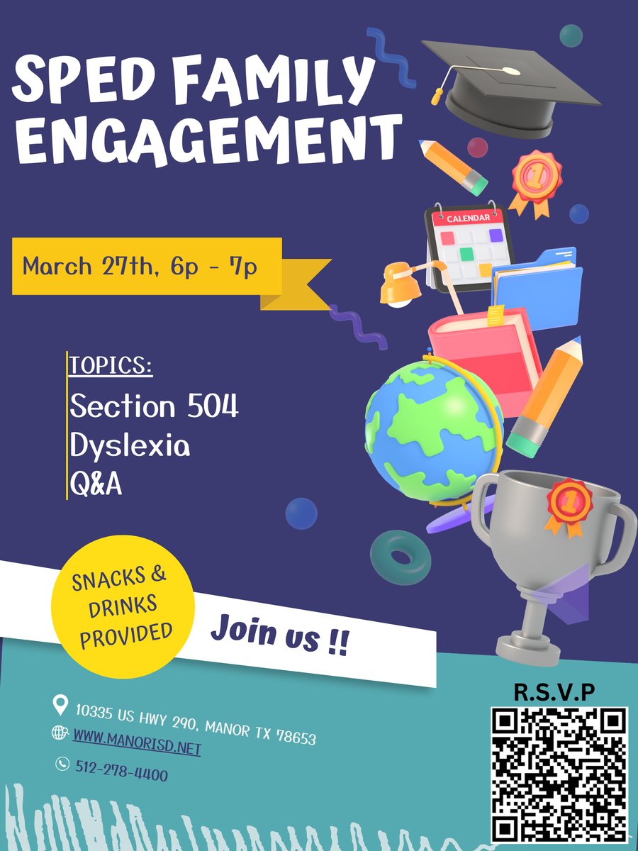 Join us NEXT WEEK for our Special Education Family Engagement Night!🌟

When &amp; Where: Thursday, March 27th
at 6 - 7pm in the Manor ISD Boardroom

Topics:
•Section 504
•Dyslexia
•Q&amp;A

RSVP to attend TODAY⬇️:
docs.google.com/forms/d/e/1FAI…