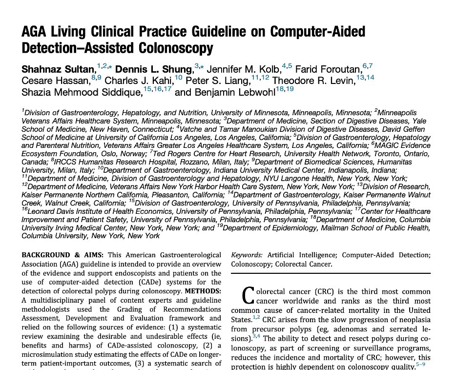 Benjamin Lebwohl (@benjaminlebwohl) on Twitter photo 🚨AGA Guideline Alert 🚨
New Living Clinical Practice Guideline on Computer-Aided Detection–Assisted Colonoscopy (CADe)
gastrojournal.org/article/S0016-…
A summary and some reflections to follow. 👇 🚨AGA Guideline Alert 🚨
New Living Clinical Practice Guideline on Computer-Aided Detection–Assisted Colonoscopy (CADe)
gastrojournal.org/article/S0016-…
A summary and some reflections to follow. 👇