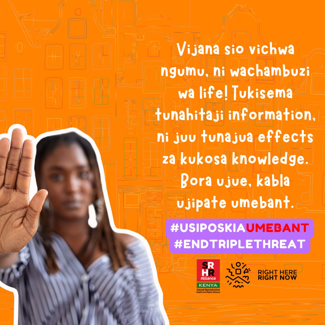 Millie Akinyi (@amillo23vuvu) on Twitter photo #usiposkiaumebant
#EndTrippleThreat
<a href="/RHRNKenya/">Right here Right now Ke</a> <a href="/KenyaSRHR/">Kenya SRHR Alliance</a>
<a href="/LadiesNawiri/">Nawiri Ladies Organization</a> <a href="/Urban_Movement_/">Young Urban Women Mombasa</a> <a href="/YUWMNairobi/">Young Urban Women Movement Nairobi</a>
Information is power! Let's invest fully in creating awareness on the negative impacts of Teenage pregnancies, Hiv/Aids and Sgbv #usiposkiaumebant
#EndTrippleThreat
<a href="/RHRNKenya/">Right here Right now Ke</a> <a href="/KenyaSRHR/">Kenya SRHR Alliance</a>
<a href="/LadiesNawiri/">Nawiri Ladies Organization</a> <a href="/Urban_Movement_/">Young Urban Women Mombasa</a> <a href="/YUWMNairobi/">Young Urban Women Movement Nairobi</a>
Information is power! Let's invest fully in creating awareness on the negative impacts of Teenage pregnancies, Hiv/Aids and Sgbv