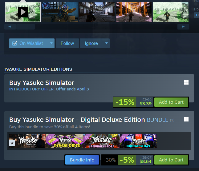 JayViperTV's tweet photo. Yasuke Simulator is less than $4. lol. I predicted $5 so I was pretty close!

The Digital Deluxe comes with a car, Samurai glasses and a drinking hat. Incredibly historically accurate! https://t.co/BV8sC8vHoj