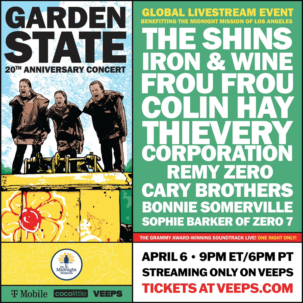 Watch the highly anticipated and SOLD OUT Garden State: The 20th Anniversary Concert, celebrating the Grammy-winning soundtrack, available to stream worldwide exclusively on Veeps on April 6th! Join Zach Braff and featured artists like The Shins, Iron &amp; Wine, Frou Frou, Colin