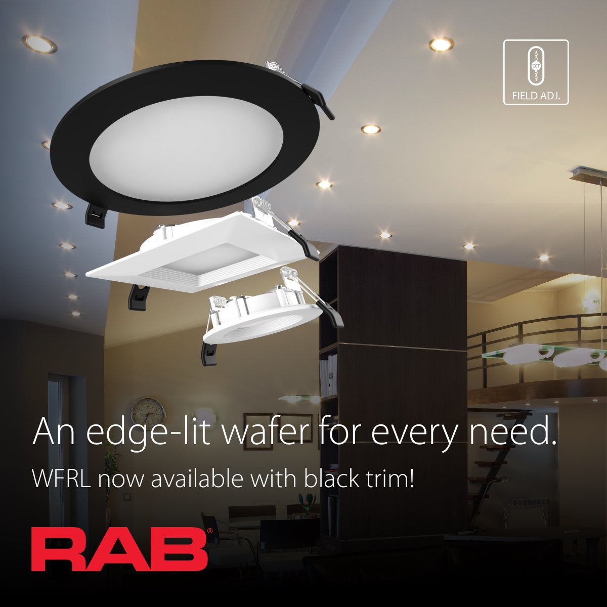 Our popular CCT adjustable wafers now come with black trims! Available in 4" and 6" with smooth or baffle trims, they offer five color temperatures and are perfect for a modern home. Learn more: hubs.ly/Q03cDZ140 #RAB #Lighting #EdgelitWafer #CCT-FA