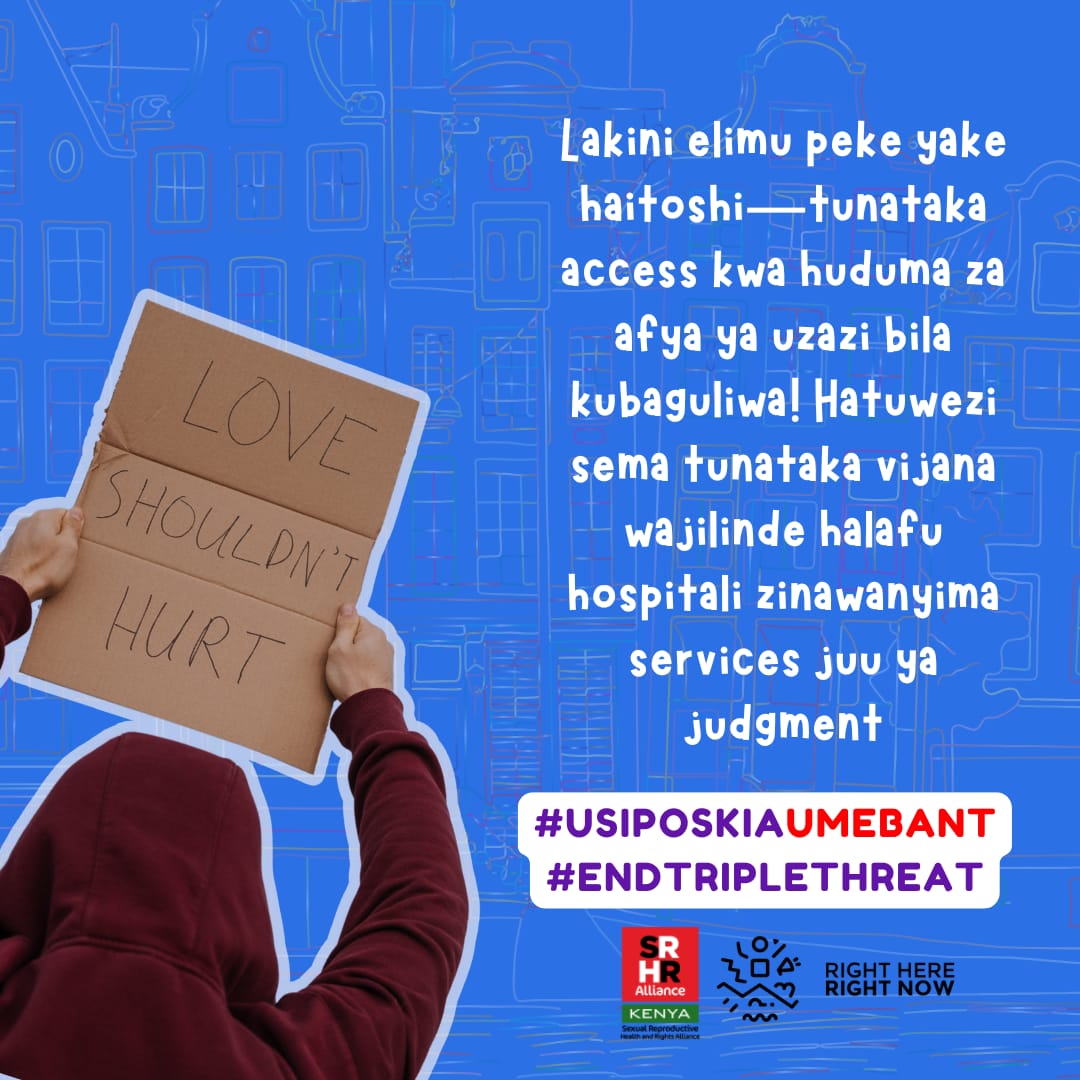 Millie Akinyi (@amillo23vuvu) on Twitter photo #UsiposkiaUmebant
#EndTrippleThreat
<a href="/RHRNKenya/">Right here Right now Ke</a> <a href="/KenyaSRHR/">Kenya SRHR Alliance</a> <a href="/YUWMNairobi/">Young Urban Women Movement Nairobi</a> <a href="/Urban_Movement/">Urban</a> <a href="/LadiesNawiri/">Nawiri Ladies Organization</a>
Abash Discrimination Abash! Abash Stigmatization Abash! We demand for equality during service provision in our health facilities! #UsiposkiaUmebant
#EndTrippleThreat
<a href="/RHRNKenya/">Right here Right now Ke</a> <a href="/KenyaSRHR/">Kenya SRHR Alliance</a> <a href="/YUWMNairobi/">Young Urban Women Movement Nairobi</a> <a href="/Urban_Movement/">Urban</a> <a href="/LadiesNawiri/">Nawiri Ladies Organization</a>
Abash Discrimination Abash! Abash Stigmatization Abash! We demand for equality during service provision in our health facilities!