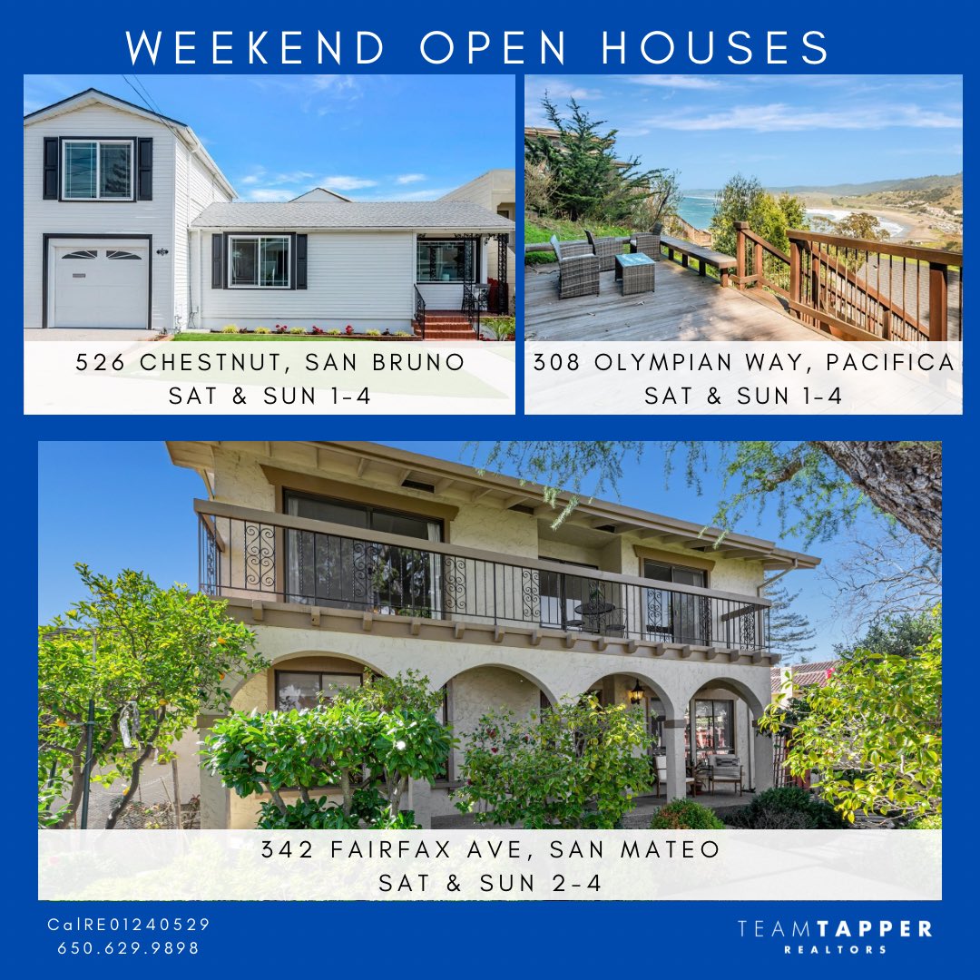 Open this weekend!
📍526 Chestnut, San Bruno, Sat &amp; Sun 1–l-4 bit.ly/526Chestnut

📍308 Olympian, Pacifica, Sat &amp; Sun 1-4
bit.ly/308Olympian

📍342 Fairfax, San Mateo, Sat &amp; Sun 2-4
bit.ly/342Fairfax

CalRE 01240529
650.629.9898

#openhouse #openhouses #realestate