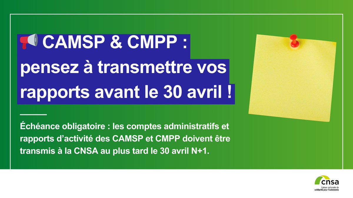 #MédicoSocial |📢 Centres d'action médico-sociale précoce (CAMSP) et centres médico-psycho-pédagogiques (CMPP) : pensez à transmettre vos rapports avant le 30 avril ! ℹ️ Plus d’infos : cnsa.fr/collectes-de-d…
<a href="/ANECAMSP/">ANECAMSP</a> <a href="/FDCMPP/">FDCMPP</a>