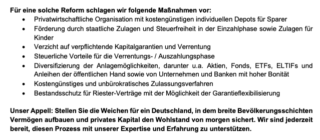 Christian W. Röhl (@cwroehl) on Twitter photo "Wenn Deutschland sich jetzt fit macht für die Zukunft, gehört dazu eine Reform der privaten #Altersvorsorge - die das Potenzial der Kapitalmärkte für Sparerinnen und Sparer zugänglich macht: Einfach, transparent und fair."
Offener Brief einer Allianz führender "Wenn Deutschland sich jetzt fit macht für die Zukunft, gehört dazu eine Reform der privaten #Altersvorsorge - die das Potenzial der Kapitalmärkte für Sparerinnen und Sparer zugänglich macht: Einfach, transparent und fair."
Offener Brief einer Allianz führender