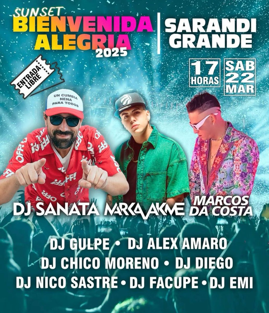 🌅✨ ¡Bienvenida Alegría 2025 en Sarandí Grande! ✨🌅
🎶 Este sábado 22/3 desde las 17:00 hs, viví un sunset único con la mejor música:
🔥 Dj Sanata, Marka Akme, Marcos Da Costa y +8 DJs invitados.
🎫 Entrada libre y gratuita.
📍 Sarandí Grande